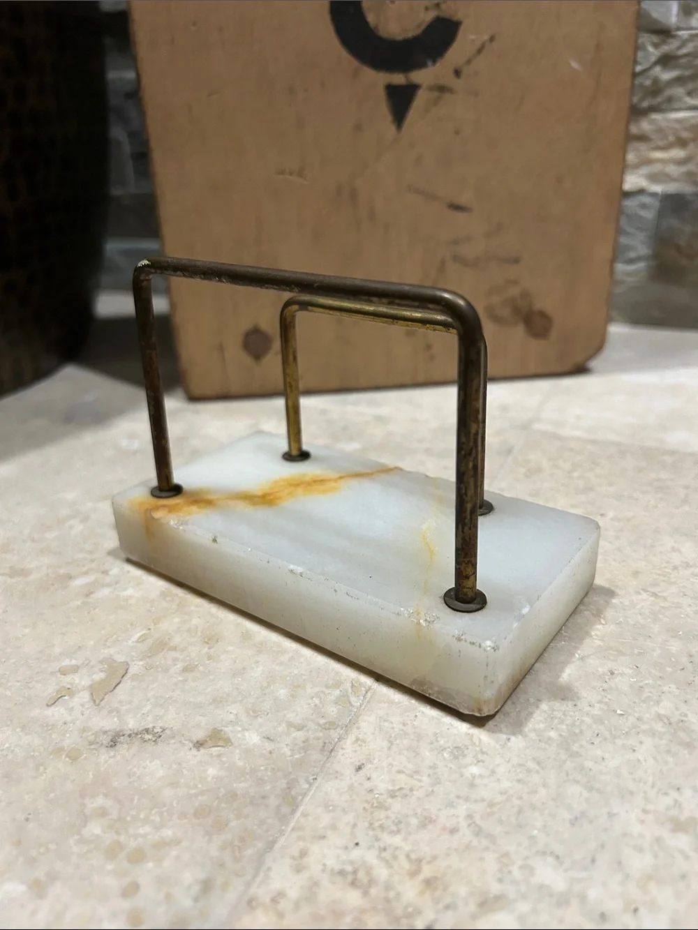 Vintage MCM white marble and brass double-arch letter holder
